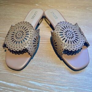 Chico's Woman’s Laser Cut Slide Sandals Tan Gold Studs Size 9